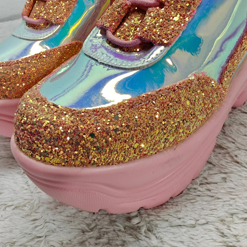 YRU Pink Holographic Glitter Chunky Platform Sneaker Shoe Sz7 Rave Festival Punk
